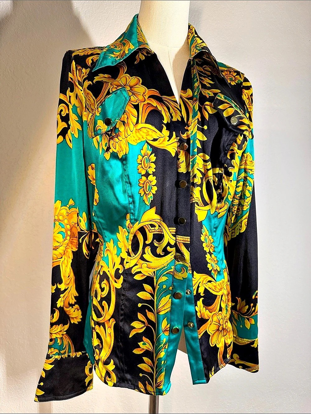 Cache Silk Floral Button Down in Black & Turquoise Large